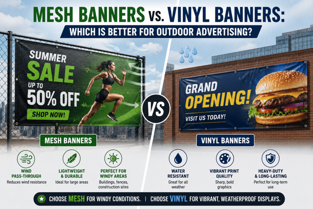 Mesh banners vs. vinyl banners for outdoor advertising, showing durable banner options for businesses and events